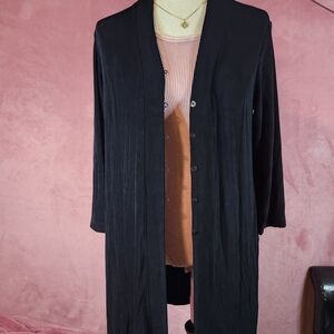 CHICO’S Travelers Black V-Neck Duster Stretch Cardigan Sz 1 Pockets